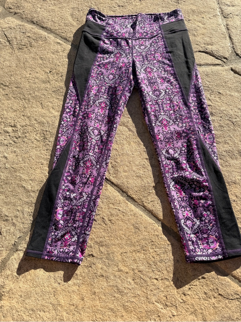 Athleta Purple Floral Print Leggings with Black Panels